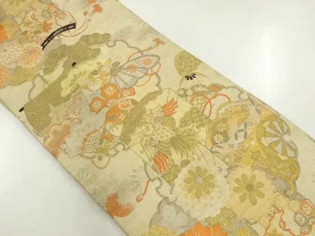 JAPANESE KIMONO / ANTIQUE NAGOYA OBI / WOVEN BUCKET & PINE & KIKU